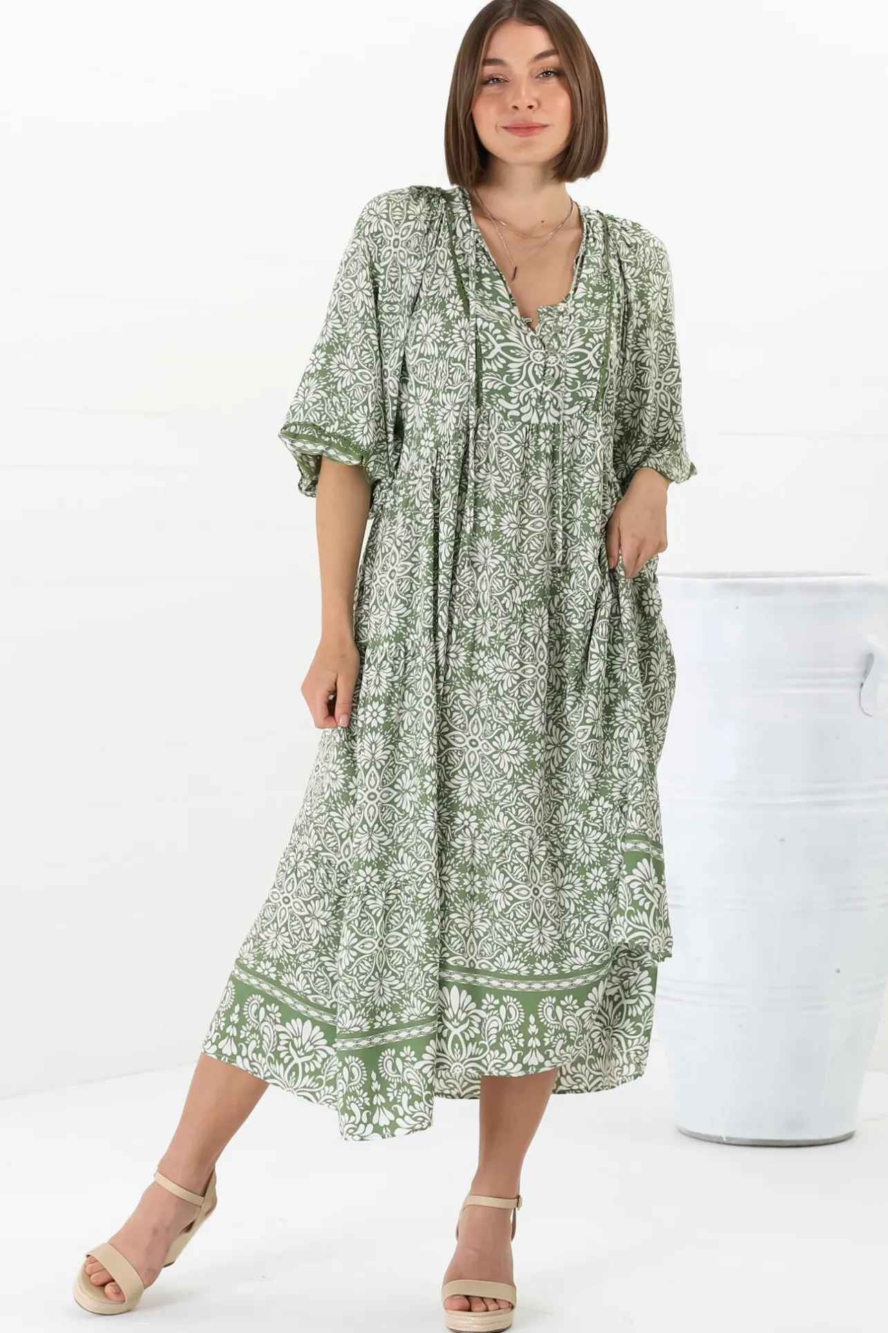 Kamali Midi Dress - Batwing Sleeve Smock Dress with Lace Detailing in Harley Print Green>Salty Crush New