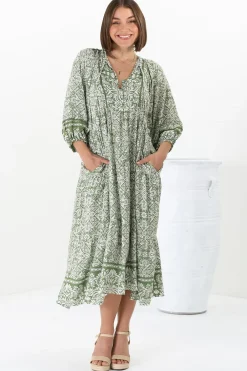 Kamali Midi Dress - Batwing Sleeve Smock Dress with Lace Detailing in Harley Print Green><noscript><img width=