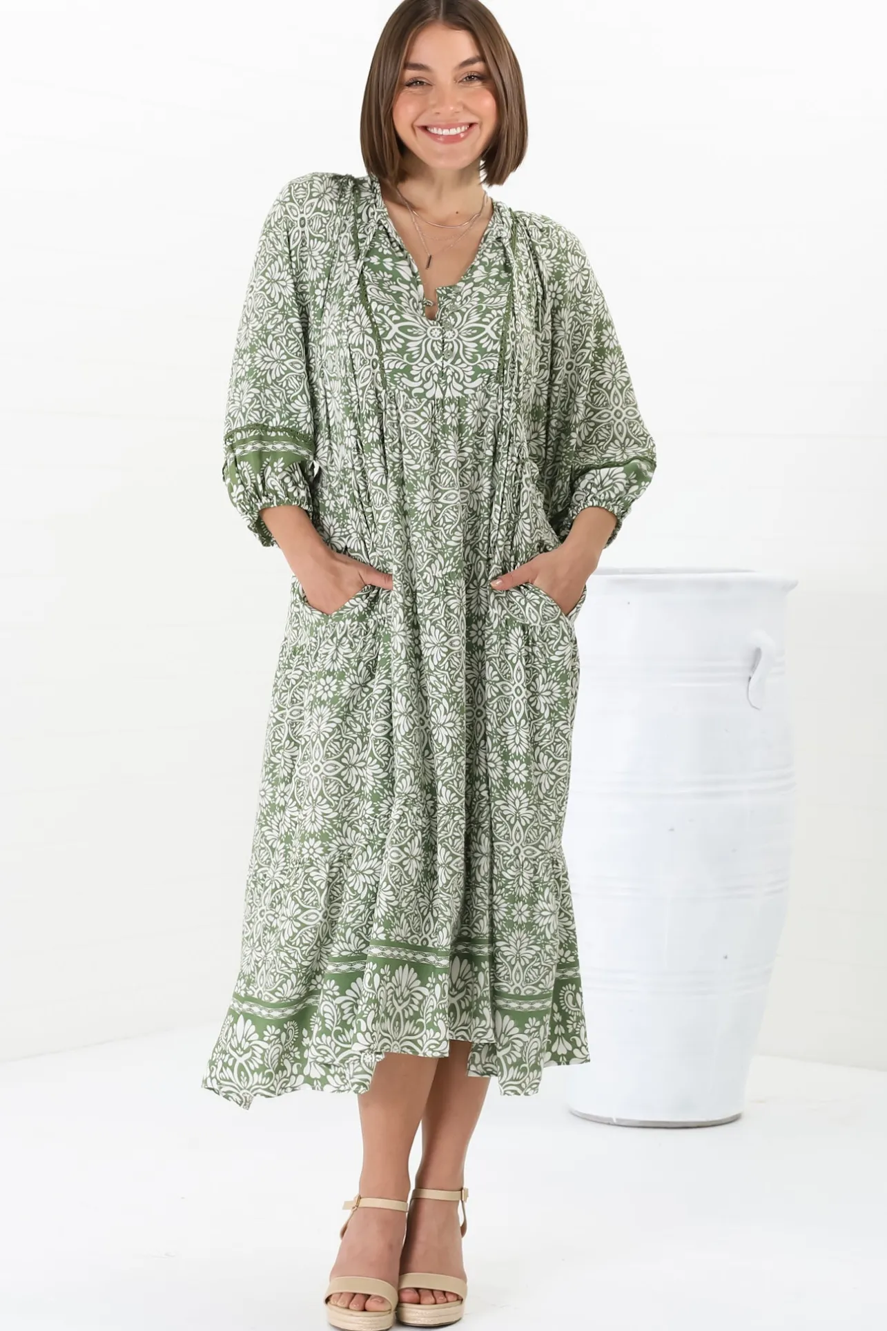 Kamali Midi Dress - Batwing Sleeve Smock Dress with Lace Detailing in Harley Print Green>Salty Crush New