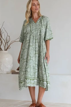Kamali Midi Dress - Batwing Sleeve Smock Dress with Lace Detailing in Harley Print Green><noscript><img width=