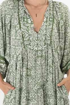 Kamali Midi Dress - Batwing Sleeve Smock Dress with Lace Detailing in Harley Print Green><noscript><img width=