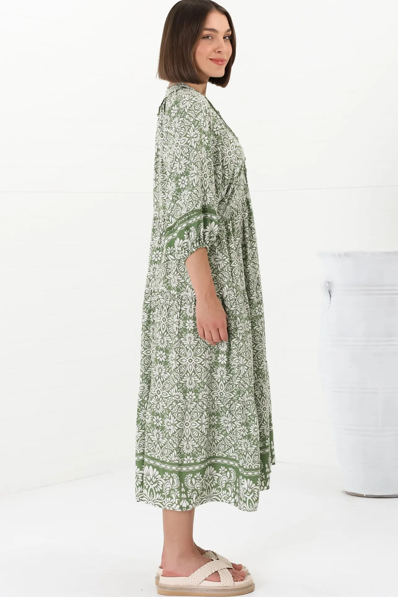 Kamali Midi Dress - Batwing Sleeve Smock Dress with Lace Detailing in Harley Print Green>Salty Crush New