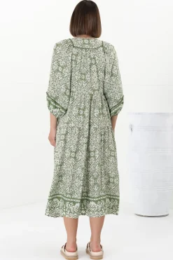 Kamali Midi Dress - Batwing Sleeve Smock Dress with Lace Detailing in Harley Print Green><noscript><img width=