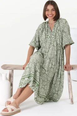 Kamali Midi Dress - Batwing Sleeve Smock Dress with Lace Detailing in Harley Print Green><noscript><img width=