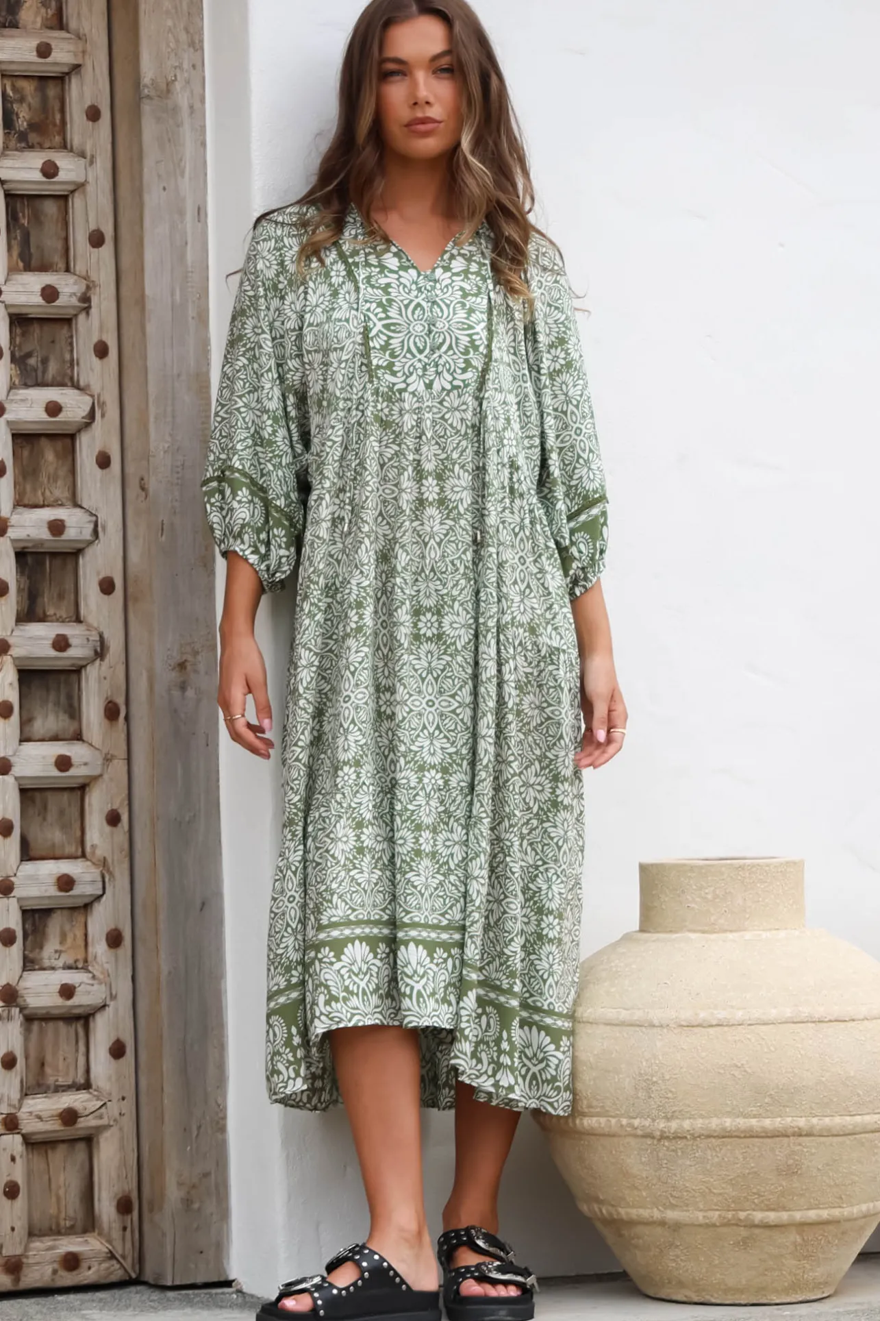 Kamali Midi Dress - Batwing Sleeve Smock Dress with Lace Detailing in Harley Print Green>Salty Crush New