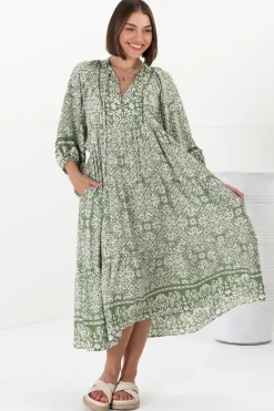 Kamali Midi Dress - Batwing Sleeve Smock Dress with Lace Detailing in Harley Print Green><noscript><img width=