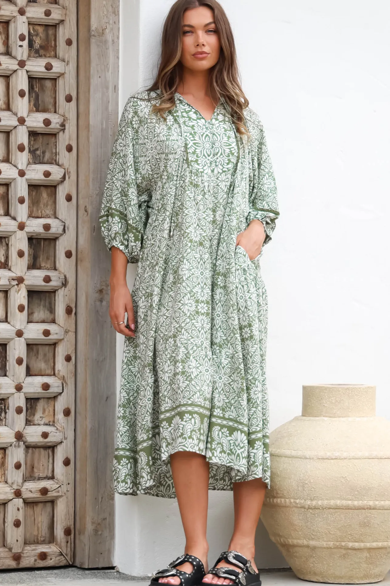 Kamali Midi Dress - Batwing Sleeve Smock Dress with Lace Detailing in Harley Print Green>Salty Crush New
