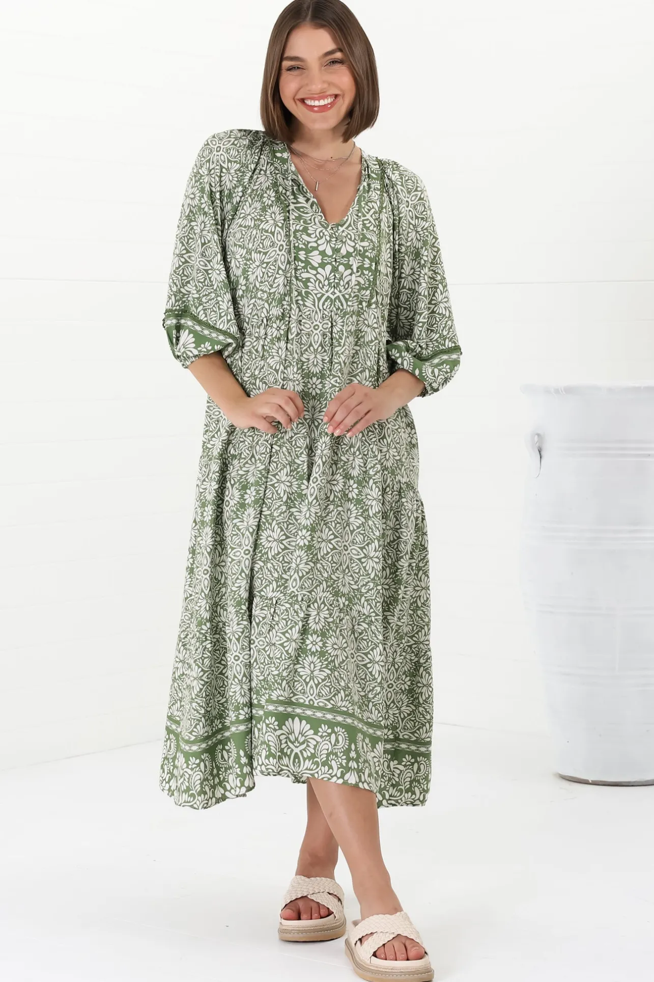 Kamali Midi Dress - Batwing Sleeve Smock Dress with Lace Detailing in Harley Print Green>Salty Crush New