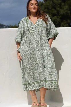 Kamali Midi Dress - Batwing Sleeve Smock Dress with Lace Detailing in Harley Print Green><noscript><img width=
