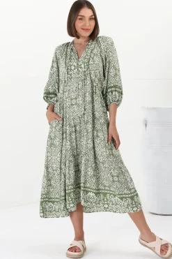 Kamali Midi Dress - Batwing Sleeve Smock Dress with Lace Detailing in Harley Print Green><noscript><img width=