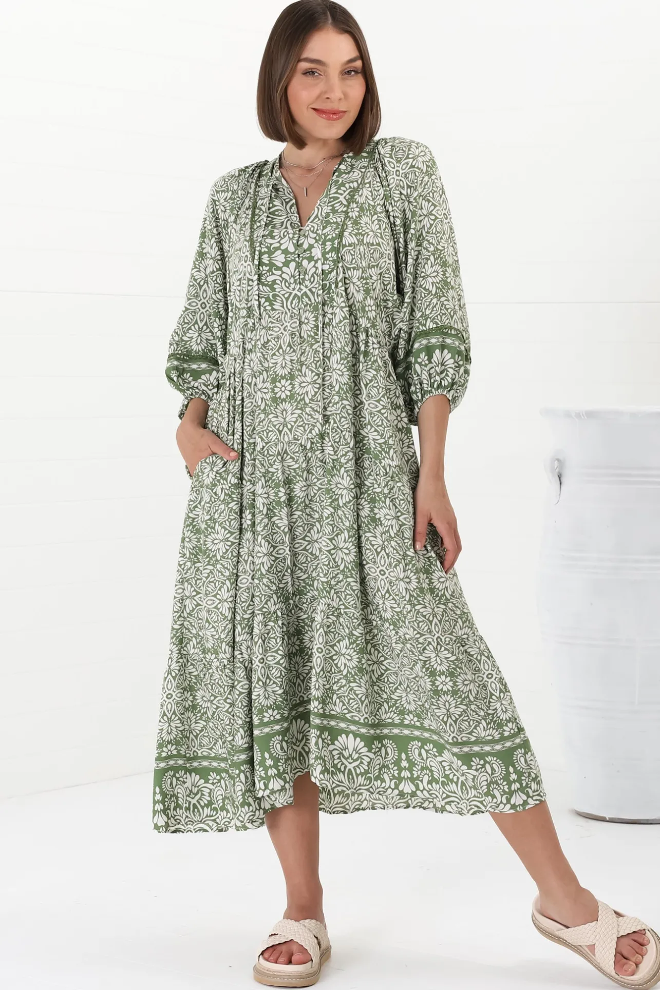 Kamali Midi Dress - Batwing Sleeve Smock Dress with Lace Detailing in Harley Print Green>Salty Crush New