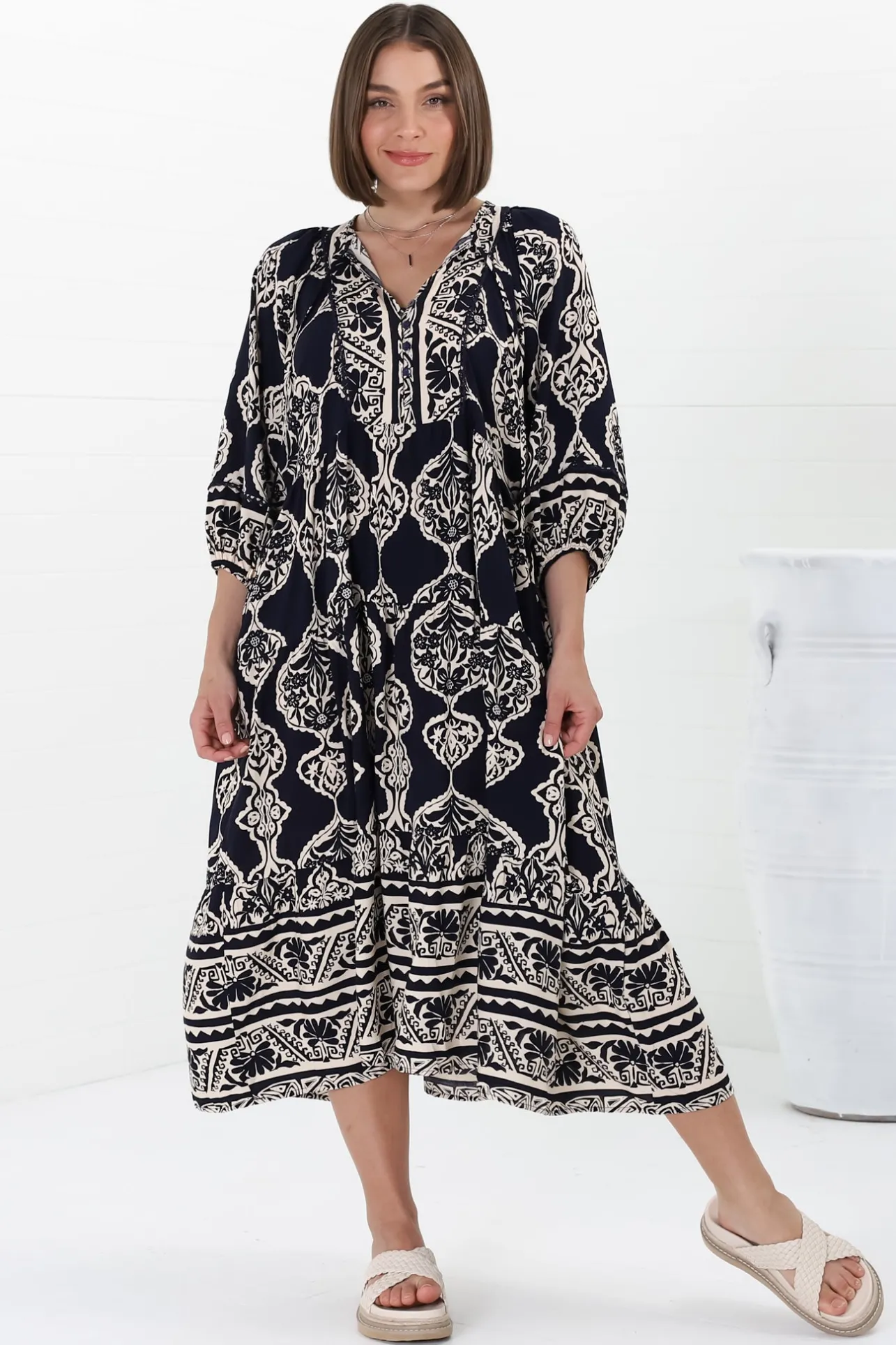 Kamali Midi Dress - Batwing Sleeve Smock Dress with Lace Detailing in Belle Print Navy>Salty Crush Discount