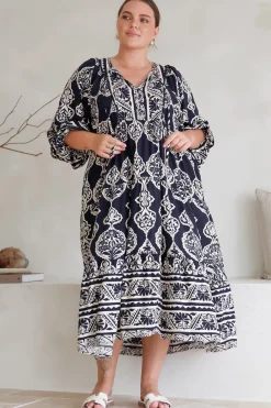 Kamali Midi Dress - Batwing Sleeve Smock Dress with Lace Detailing in Belle Print Navy>Salty Crush Discount