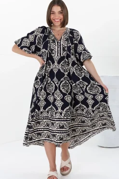 Kamali Midi Dress - Batwing Sleeve Smock Dress with Lace Detailing in Belle Print Navy><noscript><img width=