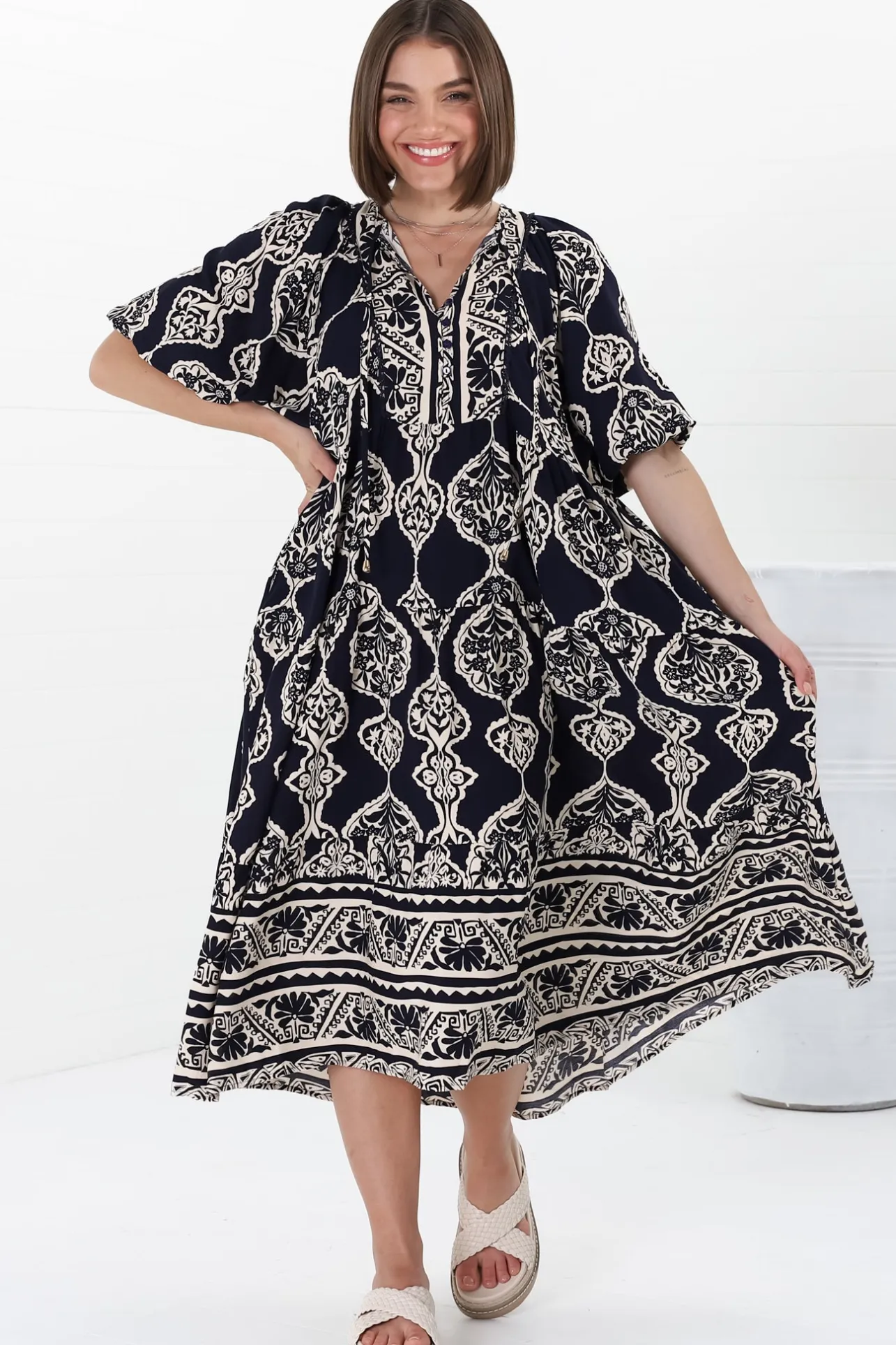 Kamali Midi Dress - Batwing Sleeve Smock Dress with Lace Detailing in Belle Print Navy>Salty Crush Discount