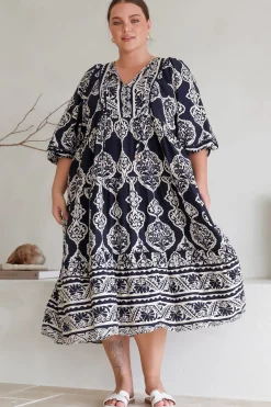 Kamali Midi Dress - Batwing Sleeve Smock Dress with Lace Detailing in Belle Print Navy><noscript><img width=