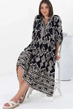 Kamali Midi Dress - Batwing Sleeve Smock Dress with Lace Detailing in Belle Print Navy><noscript><img width=