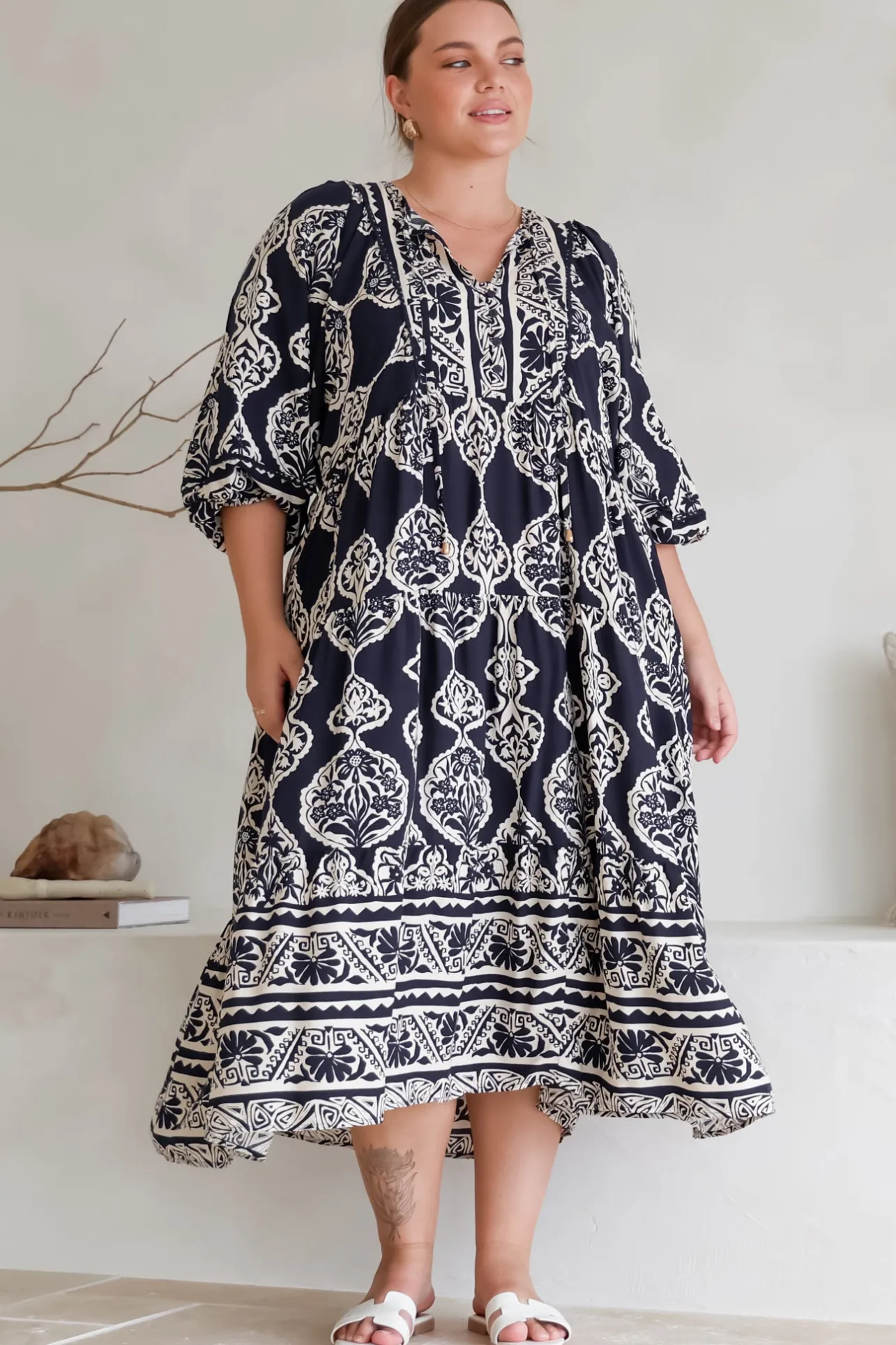Kamali Midi Dress - Batwing Sleeve Smock Dress with Lace Detailing in Belle Print Navy>Salty Crush Discount