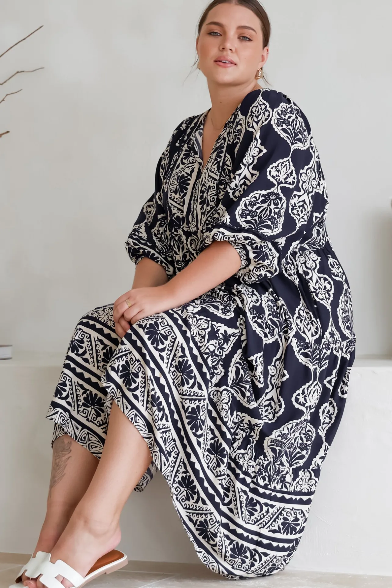 Kamali Midi Dress - Batwing Sleeve Smock Dress with Lace Detailing in Belle Print Navy>Salty Crush Discount