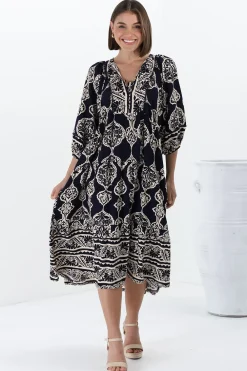Kamali Midi Dress - Batwing Sleeve Smock Dress with Lace Detailing in Belle Print Navy><noscript><img width=
