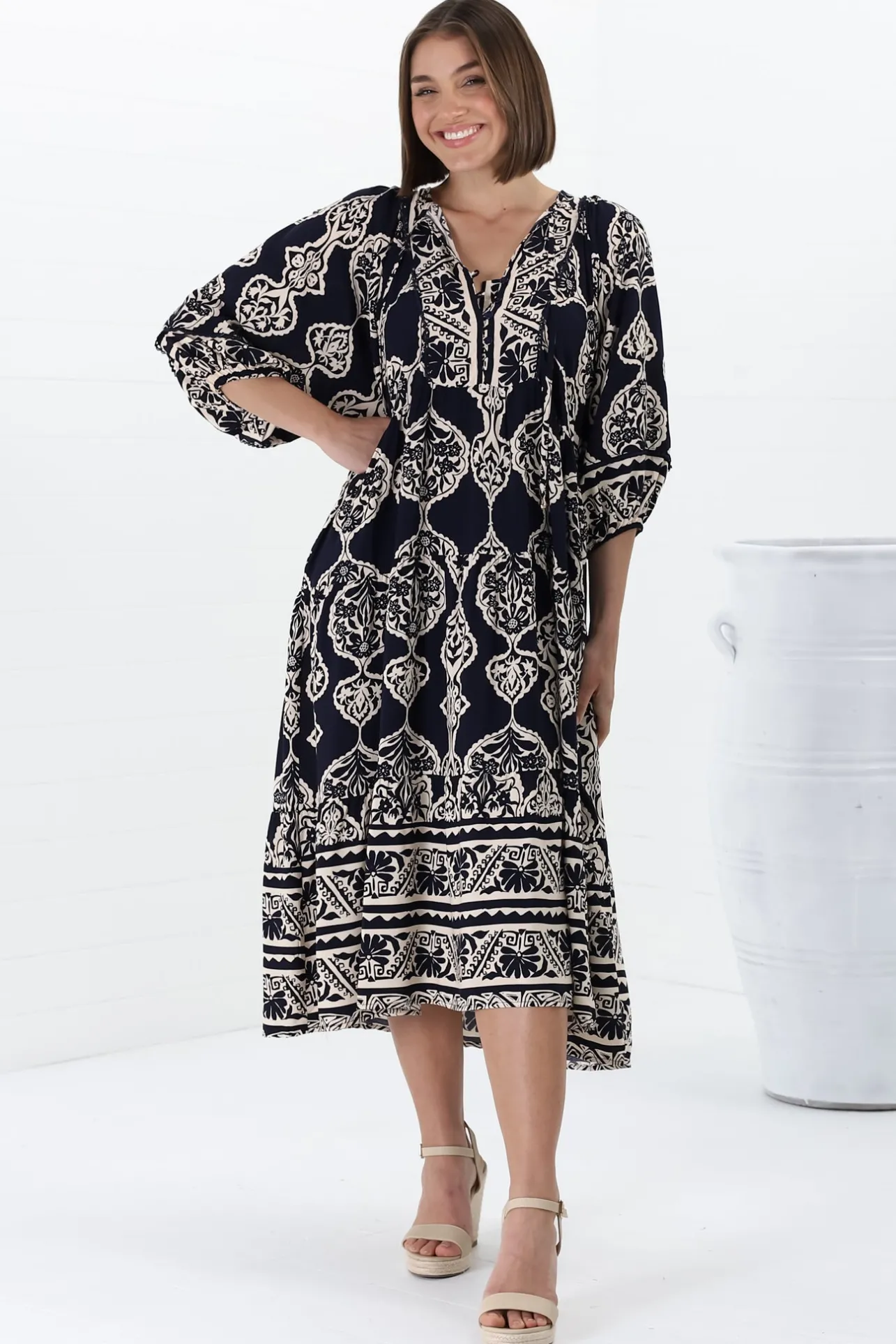 Kamali Midi Dress - Batwing Sleeve Smock Dress with Lace Detailing in Belle Print Navy>Salty Crush Discount