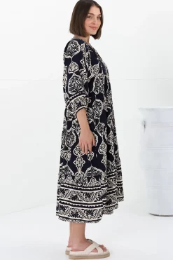 Kamali Midi Dress - Batwing Sleeve Smock Dress with Lace Detailing in Belle Print Navy><noscript><img width=