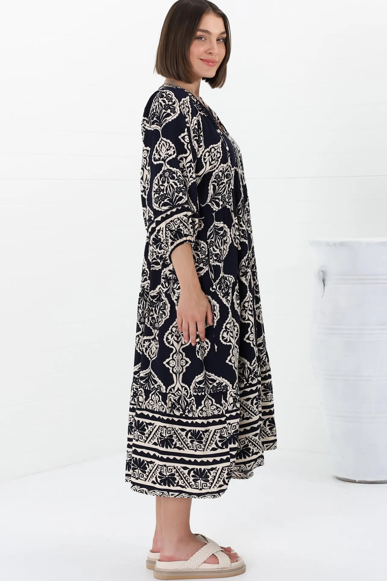 Kamali Midi Dress - Batwing Sleeve Smock Dress with Lace Detailing in Belle Print Navy>Salty Crush Discount