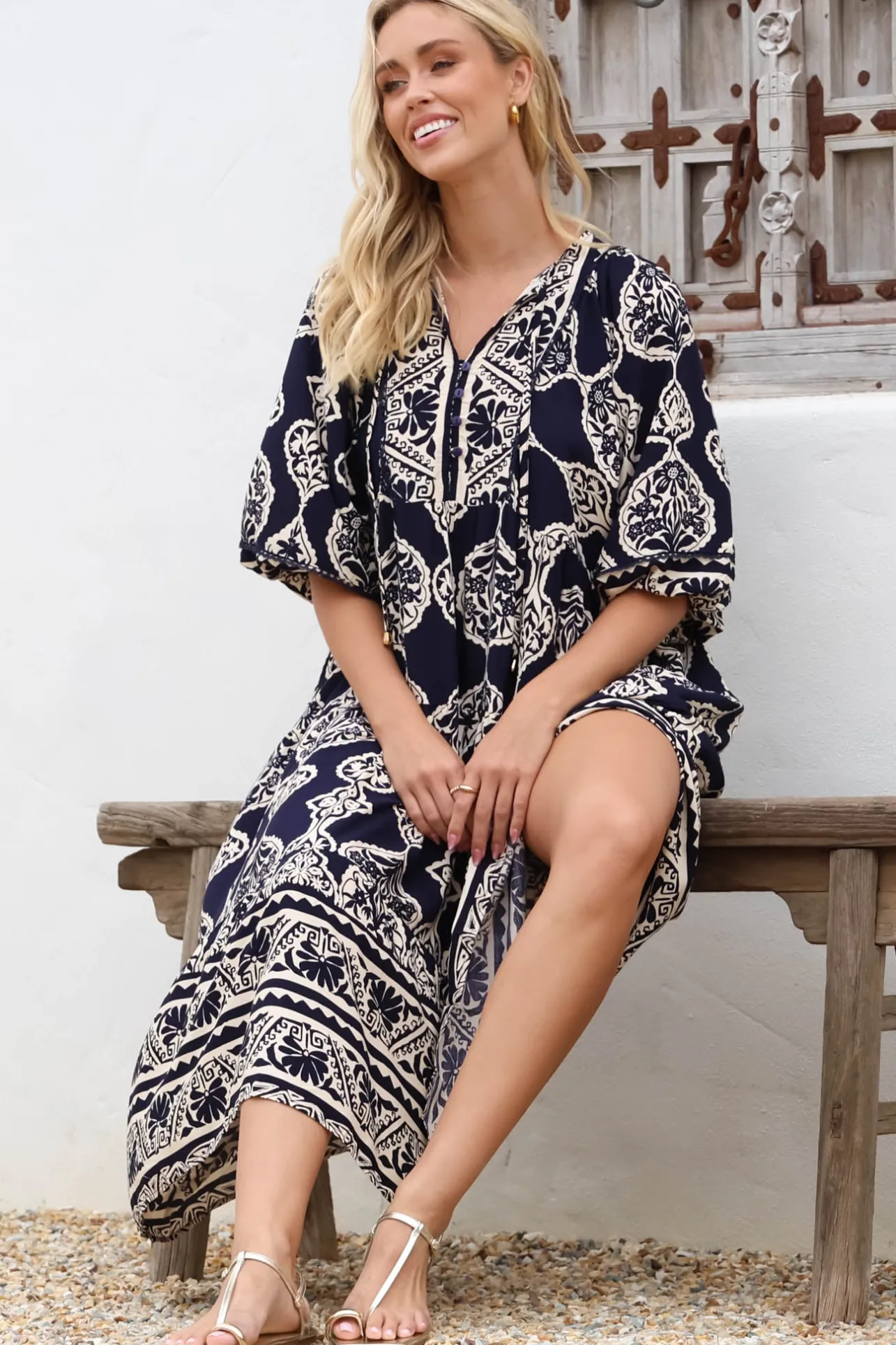 Kamali Midi Dress - Batwing Sleeve Smock Dress with Lace Detailing in Belle Print Navy>Salty Crush Discount