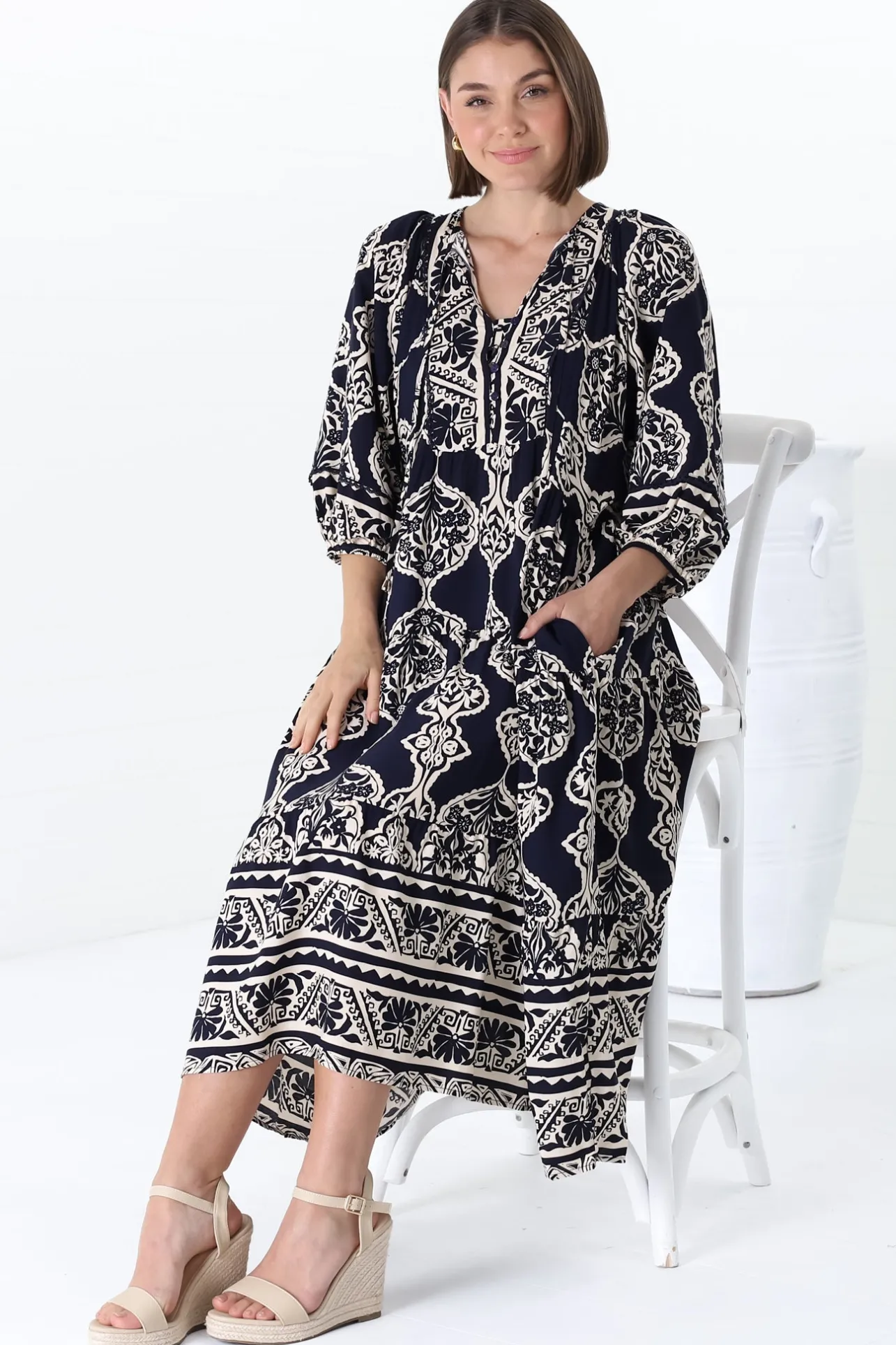 Kamali Midi Dress - Batwing Sleeve Smock Dress with Lace Detailing in Belle Print Navy>Salty Crush Discount