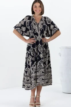 Kamali Midi Dress - Batwing Sleeve Smock Dress with Lace Detailing in Belle Print Navy><noscript><img width=