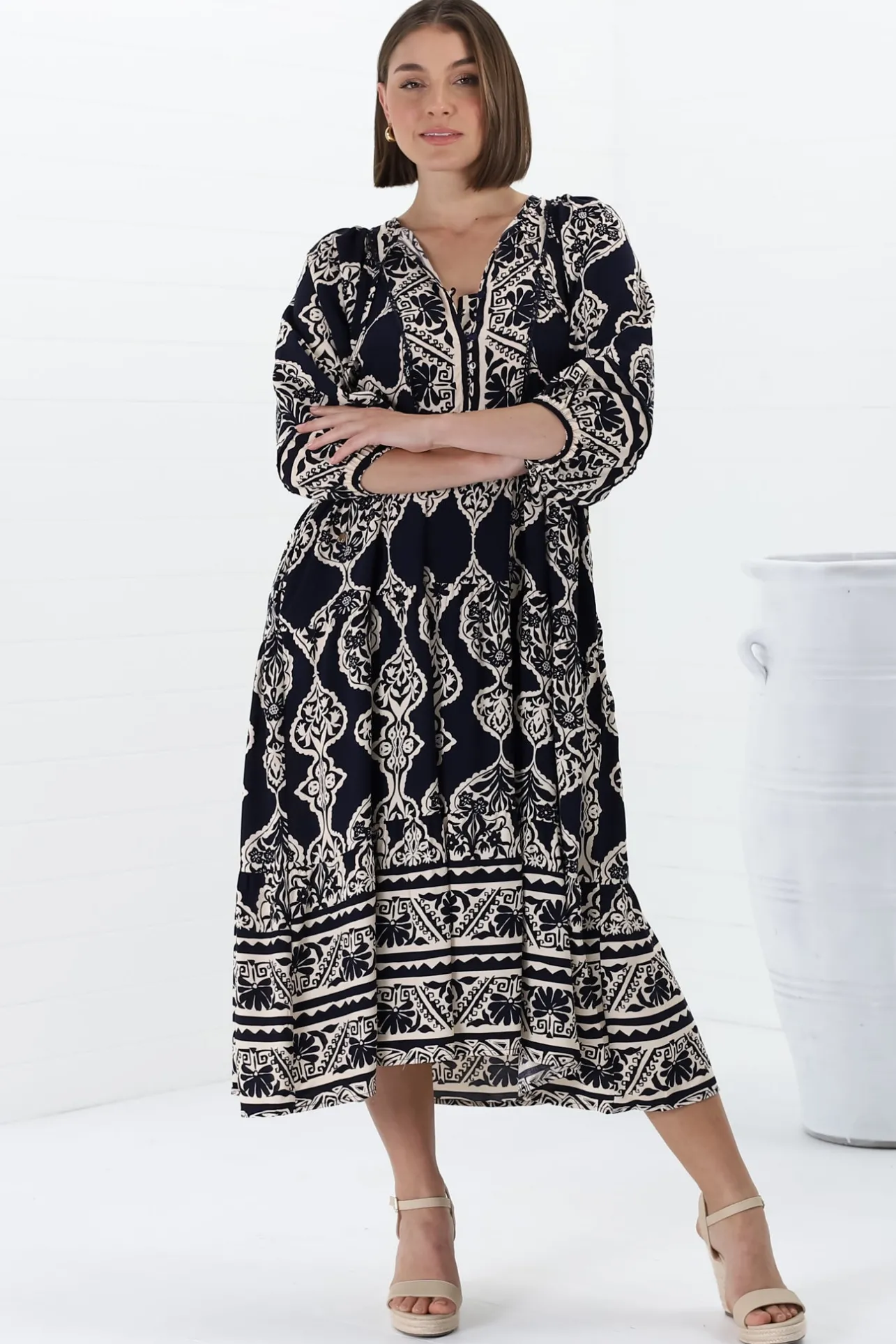 Kamali Midi Dress - Batwing Sleeve Smock Dress with Lace Detailing in Belle Print Navy>Salty Crush Discount