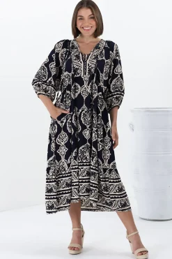 Kamali Midi Dress - Batwing Sleeve Smock Dress with Lace Detailing in Belle Print Navy><noscript><img width=