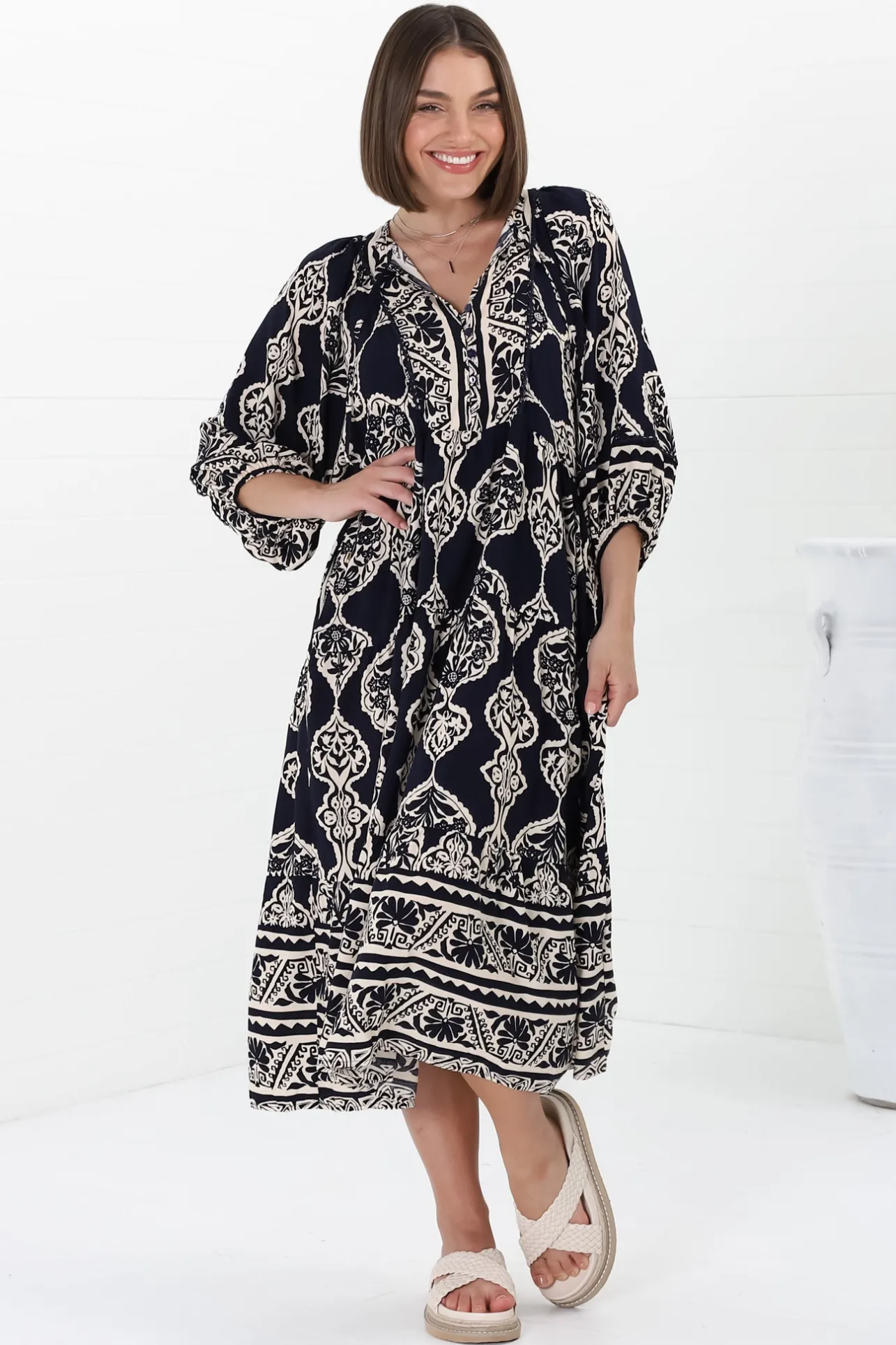 Kamali Midi Dress - Batwing Sleeve Smock Dress with Lace Detailing in Belle Print Navy>Salty Crush Discount