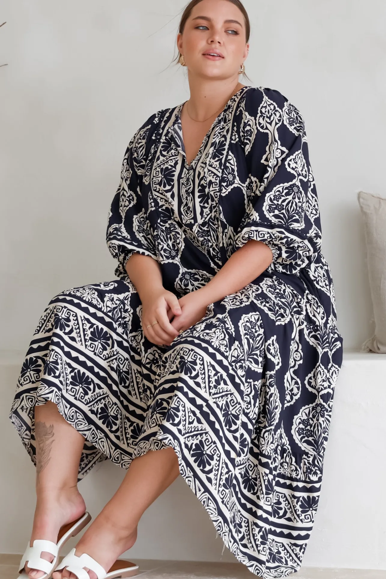 Kamali Midi Dress - Batwing Sleeve Smock Dress with Lace Detailing in Belle Print Navy>Salty Crush Discount