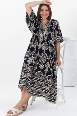 Kamali Midi Dress - Batwing Sleeve Smock Dress with Lace Detailing in Belle Print Navy><noscript><img width=