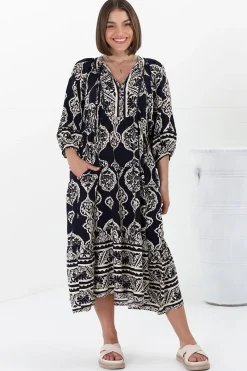 Kamali Midi Dress - Batwing Sleeve Smock Dress with Lace Detailing in Belle Print Navy><noscript><img width=