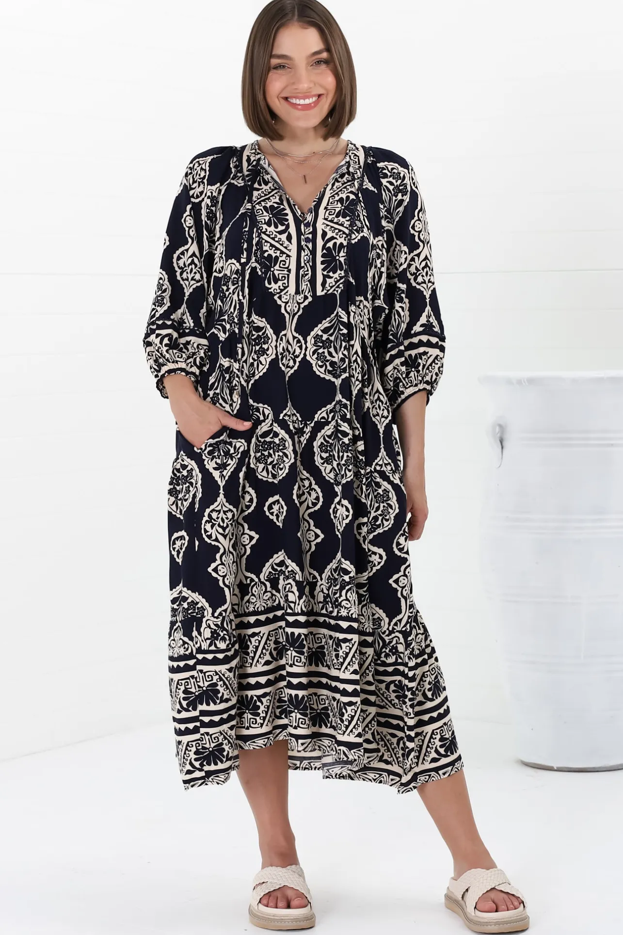 Kamali Midi Dress - Batwing Sleeve Smock Dress with Lace Detailing in Belle Print Navy>Salty Crush Discount