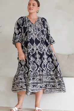 Kamali Midi Dress - Batwing Sleeve Smock Dress with Lace Detailing in Belle Print Navy><noscript><img width=