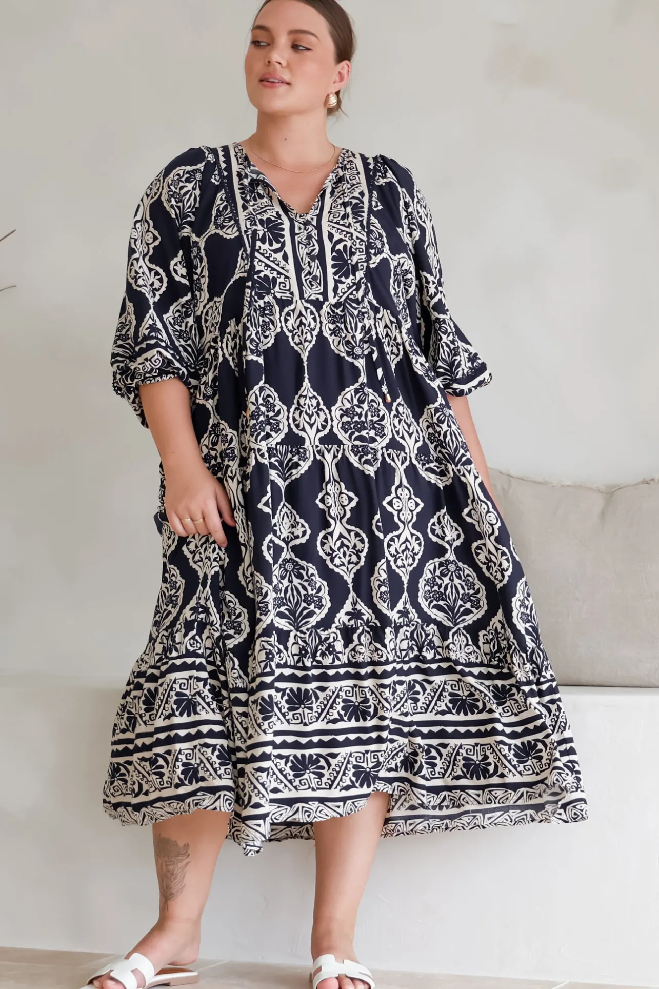 Kamali Midi Dress - Batwing Sleeve Smock Dress with Lace Detailing in Belle Print Navy>Salty Crush Discount