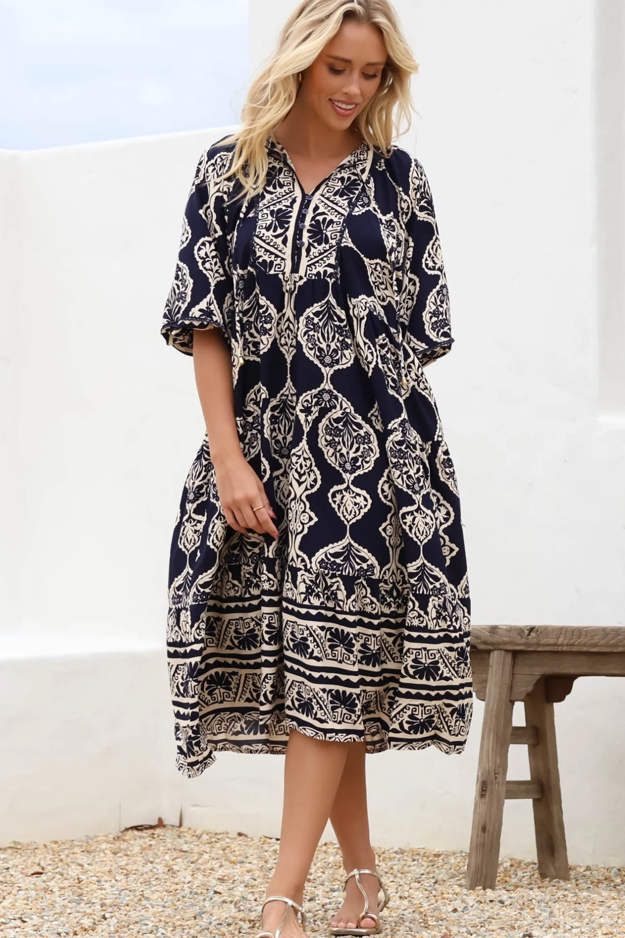 Kamali Midi Dress - Batwing Sleeve Smock Dress with Lace Detailing in Belle Print Navy>Salty Crush Discount