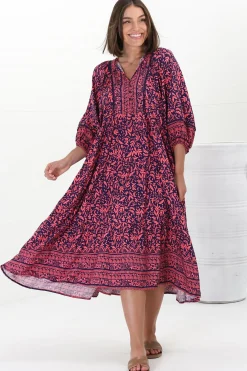 Kamali Midi Dress - Batwing Sleeve Smock Dress with Lace Detailing in Tayler Print Pink>Salty Crush New