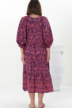 Kamali Midi Dress - Batwing Sleeve Smock Dress with Lace Detailing in Tayler Print Pink><noscript><img width=
