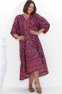 Kamali Midi Dress - Batwing Sleeve Smock Dress with Lace Detailing in Tayler Print Pink><noscript><img width=