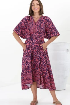 Kamali Midi Dress - Batwing Sleeve Smock Dress with Lace Detailing in Tayler Print Pink><noscript><img width=