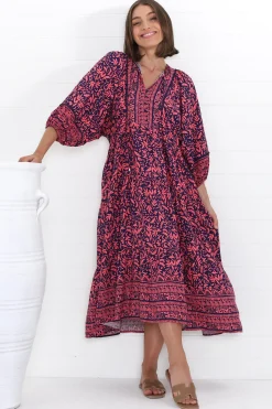 Kamali Midi Dress - Batwing Sleeve Smock Dress with Lace Detailing in Tayler Print Pink><noscript><img width=