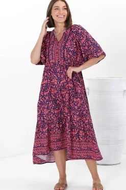 Kamali Midi Dress - Batwing Sleeve Smock Dress with Lace Detailing in Tayler Print Pink><noscript><img width=