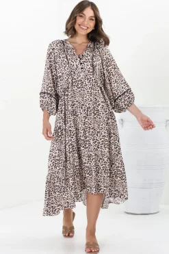 Kamali Midi Dress - Batwing Sleeve Smock Dress with Lace Detailing in Perrie Print Beige>Salty Crush Hot
