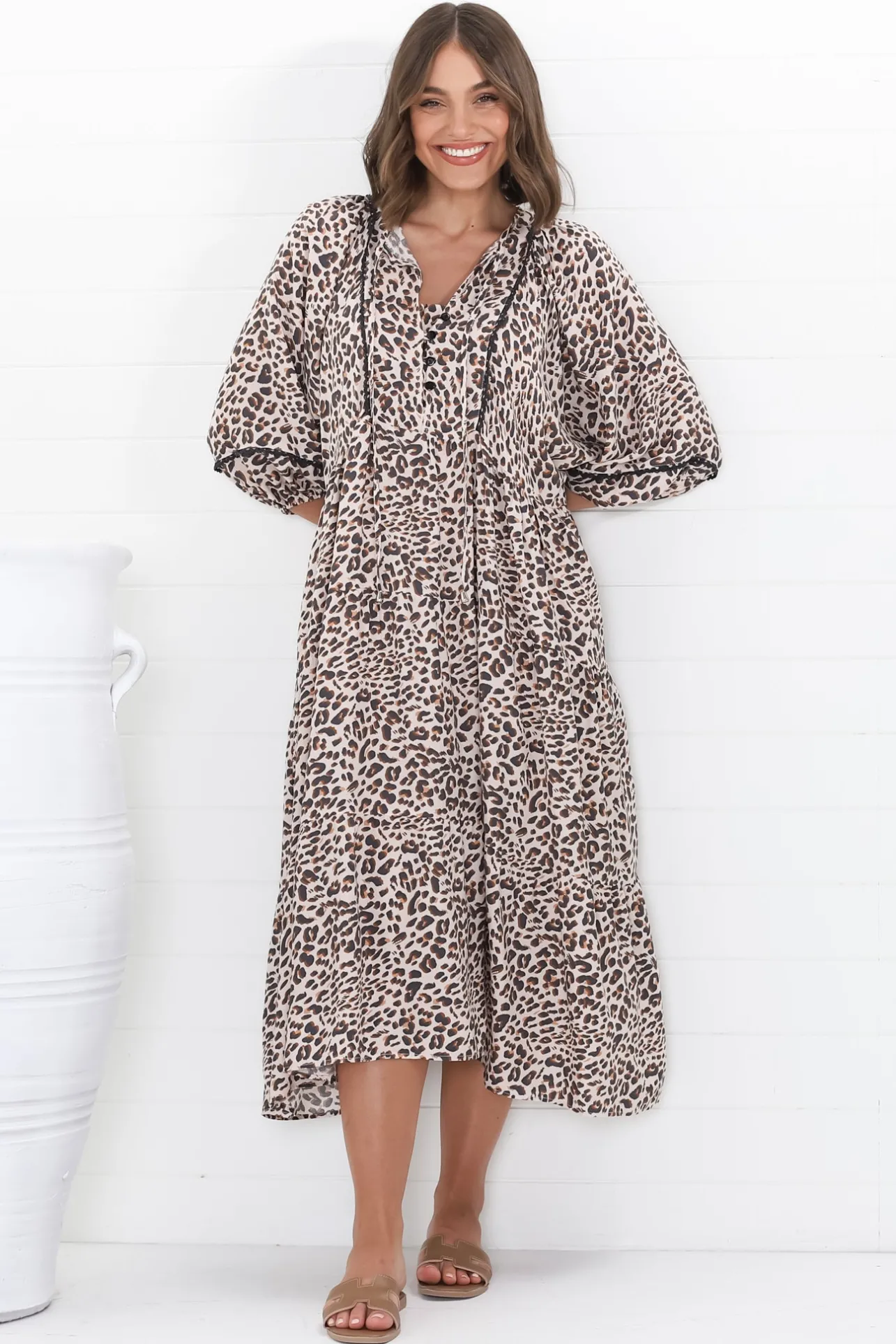 Kamali Midi Dress - Batwing Sleeve Smock Dress with Lace Detailing in Perrie Print Beige>Salty Crush Hot