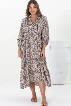 Kamali Midi Dress - Batwing Sleeve Smock Dress with Lace Detailing in Perrie Print Beige><noscript><img width=