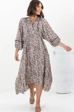 Kamali Midi Dress - Batwing Sleeve Smock Dress with Lace Detailing in Perrie Print Beige><noscript><img width=